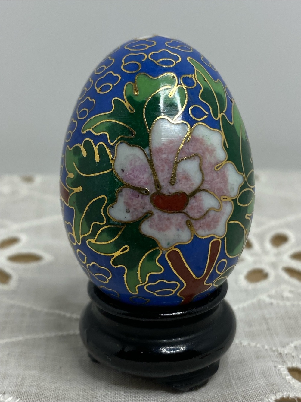 Vintage Cloisonné Miniature Floral Egg Blue Enamel Decor With Black Stand